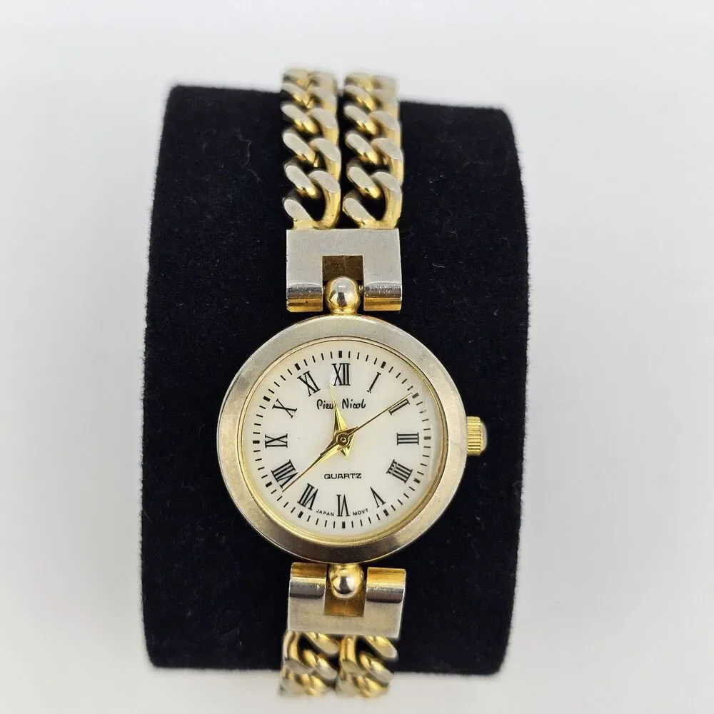 VTG Pierre Nicol Women‎ Watch 22MM Cream Dial Gold Chain Bands 6